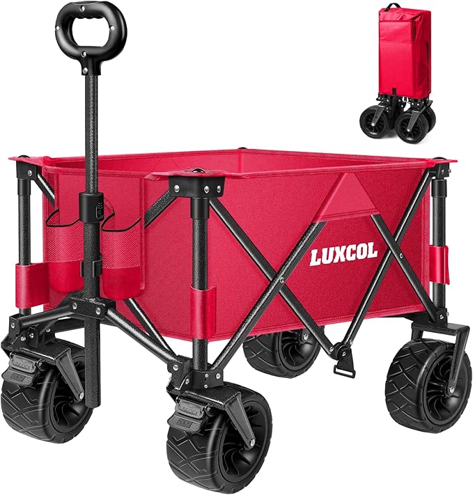 LUXCOL Collapsible Folding Wagon, Heavy Duty Utility Beach Wagon Cart for Sand with Big Wheels, Adjustable Handle&Drink Holders for Shopping, Camping,Garden and Outdoor