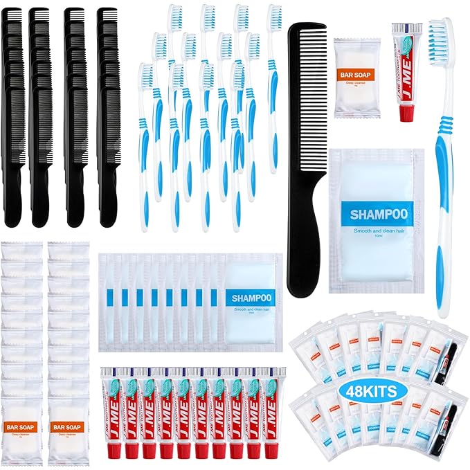 48 Sets Personal Hygiene Kit Basic Toiletry Kits Homeless Supplies Bulk for Women, Men, Travel, Charity, Business Include 48 Shampoo, 48 Toothbrush, 48 Toothpaste, 48 Comb, and 48 Bath Soap