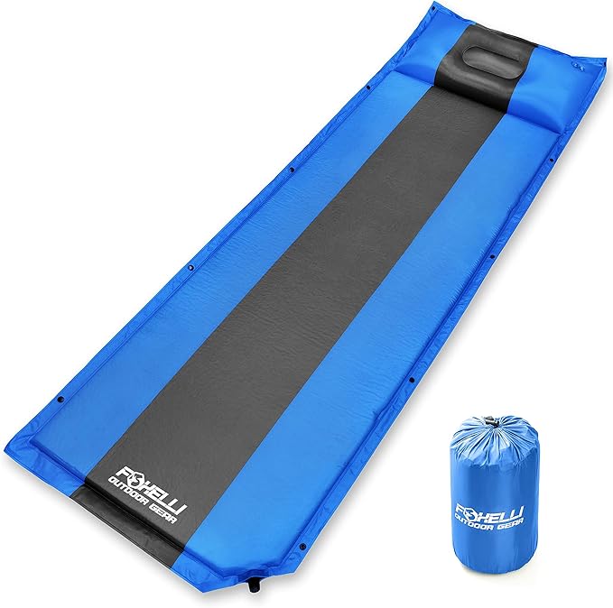 Foxelli Self Inflating Sleeping Pad for Camping, Backpacking, Hiking, Insulated Foam Lightweight Camping Mat, Inflatable Camp Mattress with Pillow