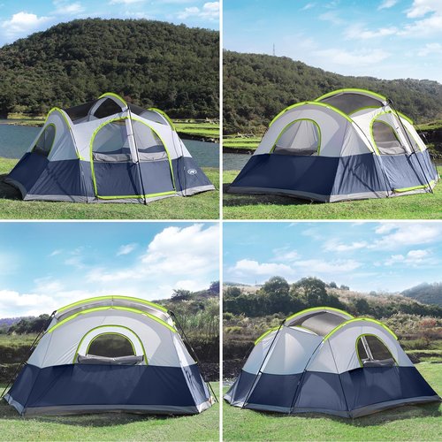 UNP Camping Tent 8/9 Person, Family Camping Tent, 5 Large Ventilation Mesh Windows, 14'x14'x78 inches Tall with Dividers Curtain for 2 Room
