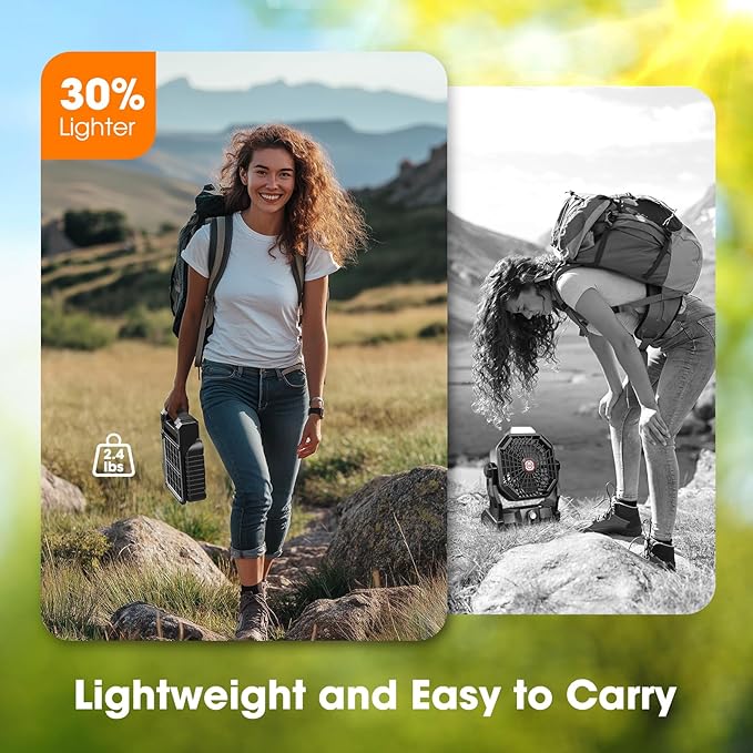 Solar Camping Fan with LED Lantern,10400mAh Rechargeable Battery Powered with Solar Panel and Emergency Power Bank, Perfect Quiet Battery Operated Tent Fan for Picnic, Barbecue, Fishing, Travel