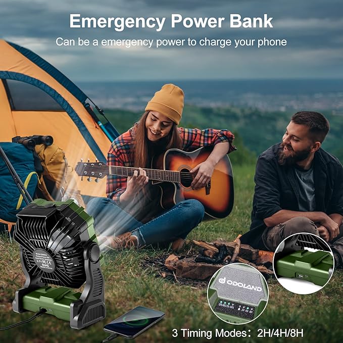 Odoland Portable Misting Fan with LED Light, 20000mAh Battery Operated Rechargeable Camping Mister Fan with 250mL Water Tank and Hook, Outdoor Tent Cooling Mist Fans for Patios Beach, Green