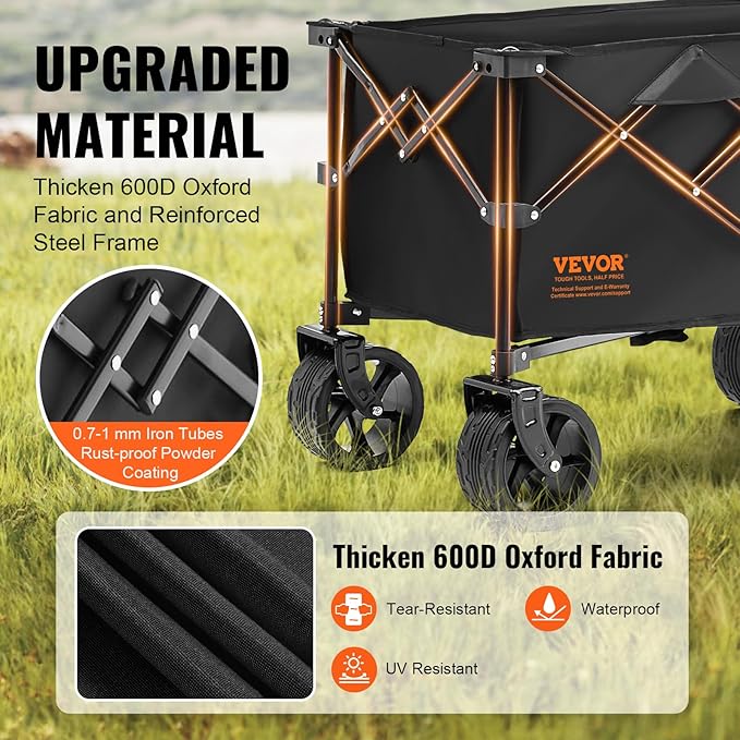 VEVOR 350LBS Collapsible Folding Outdoor Utility Wagon, 150L Heavy Duty Foldable Wagon Cart for Grocery Camping, Portable Utility Beach Wagon with Big Wheels for Garden Sports 35 x 21.3 x 42.5 in