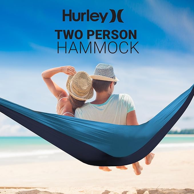Hurley Duo Camping Hammock - 2 Person Portable Hammock for Camping, Heavy Duty Hammock, Parachute Nylon Fabric - Camping Accessories for Outdoor Activities - Holds Up to 400lbs, Cocoa/Blue, 118 x 79