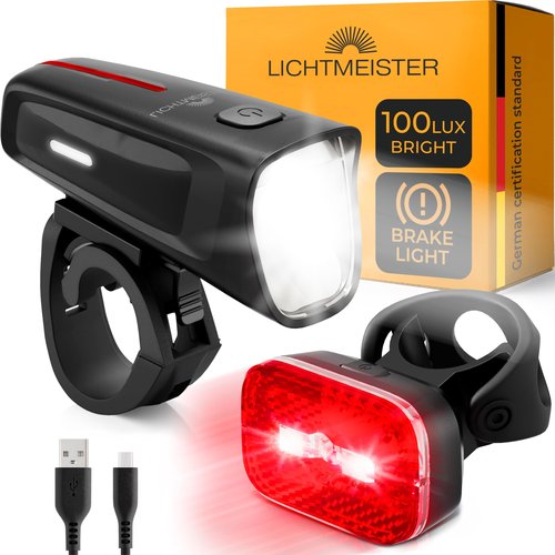Bike Lights 100 Lux - 2000 mAh Battery - with Reflector & Brake Light - USB-C Rechargeable & Splash Proof - Bike Lights for Night Riding - Bike Headlight - Bicycle Lights Front and Rear