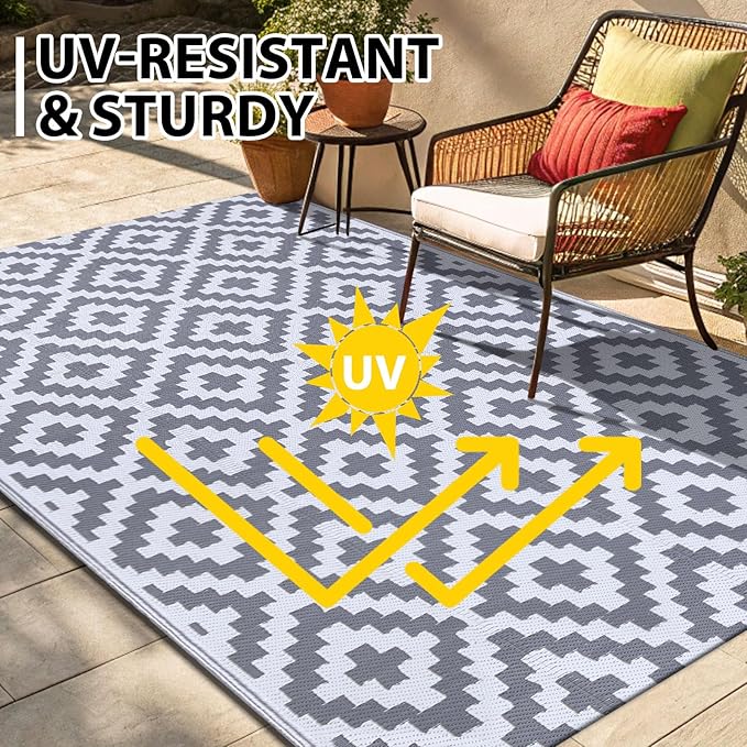 Smiry Waterproof Outdoor Rug 6x9 ft, Reversible Plastic Straw Patio Camping Rugs, Outdoor Indoor RV Mat Carpet for Patio, Outside Entry, Backyard, Deck, Bench, Picnic, Camper, White & Grey