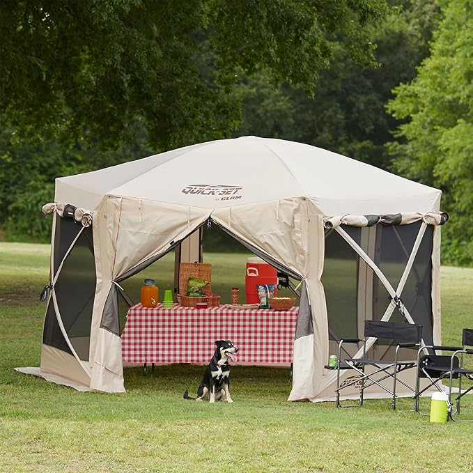 CLAM Pop Up Screen Tent, Outdoor Camping Gazebo Canopy, Pavilion, 12.5', Tan
