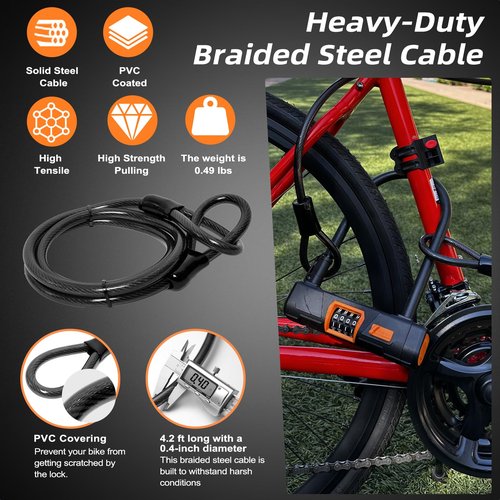 RunPig Bike U Lock with Steel Cable, Heavy Duty Anti-Theft Bike U Lock, 4-Digit Resettable Combination Lock for Bicycle, E-bike, Motorcycle, Escooter, Electric Moped Lock, Bike Accessories, Combo Lock