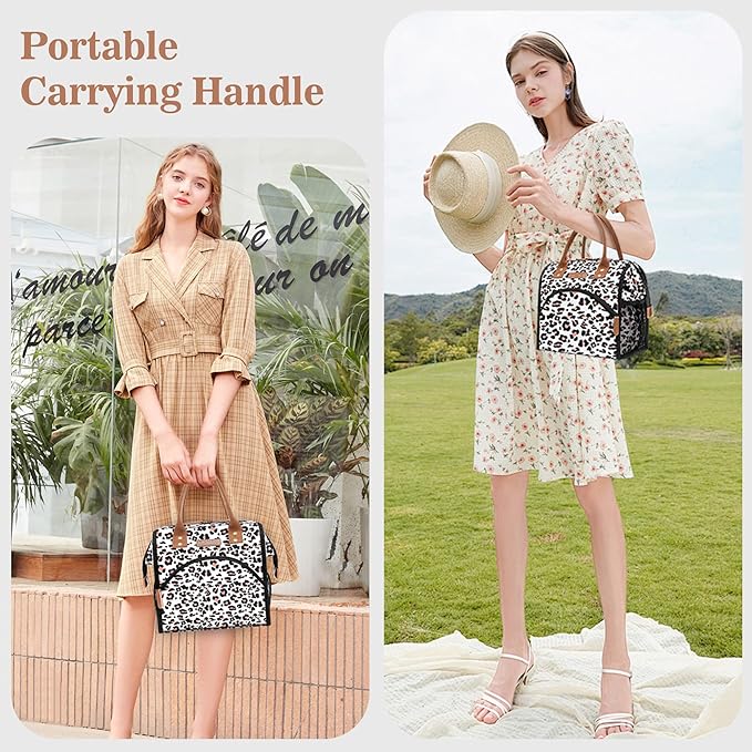 LOKASS Lunch Bag Women Insulated Lunch Box Wide-Open Lunch Tote Bag Large Cooler Bag for Work Picnic Hiking Beach Fishing（Leopard）