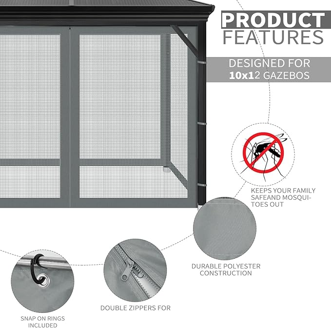 Gazebo Universal Replacement Mosquito Netting, 10' x 12' Outdoor Mesh Netting Screen 4-Panel Sidewall with Zipper for Patio Canopy Garden Porch Pergolas and Backyard, Gray(Mosquito Net Only)