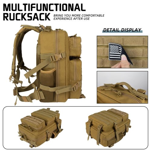 RooPoke 25L Small Tactical Khaki Backpack for Men and Women,Military Backpacks Rucksack with Molle Webbing Camping Daypack Bug Out Bag With Bottle Holder(25L)