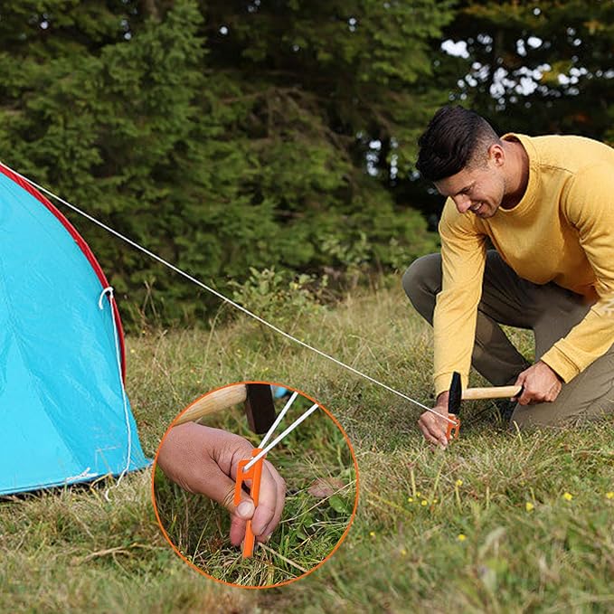 Eurmax USA 10 inch Multiuse Heavy Duty Steel Tent Stakes Tarp Pegs Camping Stakes for Outdoor Camping Canopy and tarp with 4 Ropes 10FT Length,4pcs(Orange)