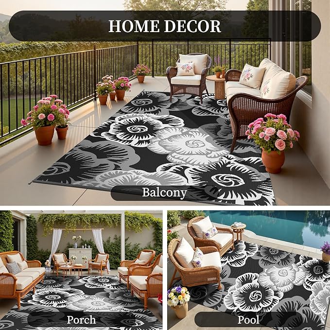 MontVoo Outdoor Rug-Waterproof Patio Rug Mat 5x8 ft Outdoor Carpet Mat Reversible Plastic Straw Outside Outdoor Rug for RV Camping Picnic Beach Balcony Backyard Pool Deck Porch Farmhouse Floral Black