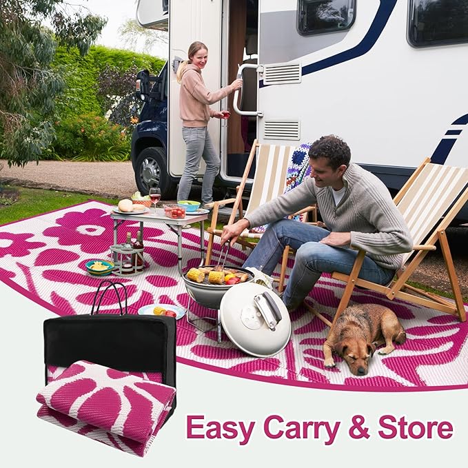 Wonnitar Outdoor Rug 6x9, Waterproof RV Outdoor Rugs for Camping, Reversible Plastic Straw Outside Camping Rug Large Portable Abstract Floral Picnic Mat for Camper Garden Beach Camp (Pink, 6'x9')