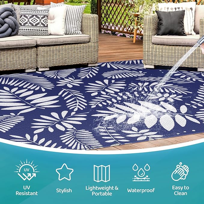 StepRite Outdoor Rug, Patio Rug, Plastic Straw Camping Rugs, Large Waterproof Area Rug and Mat for Outdoors, RV, Patio, Backyard, Deck, Porch, Beach, Balcony, (4'x 6', White & Blue)