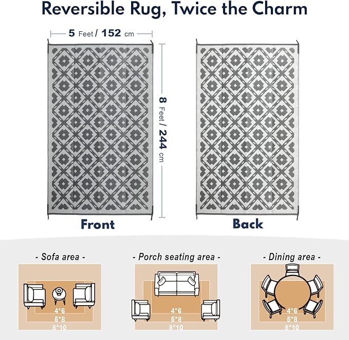 Waterproof Outdoor Rug 5x8 ft, Reversible Plastic Straw Rug, Easy to Clean Patio Rug, Portable Carpet for Patio, RV, Deck, Balcony, Backyard, Picnic, Beach, Square Dashed, Gray