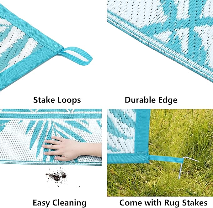 Ileading Outdoor Rug Carpet for Patio 9'x12' Waterproof Reversible Plastic Straw Rug Portable Outside Area Rug Camping Mat for Patio, Clearance, Balcony, Picnic, Pool, Beach, RV, Deck, Teal