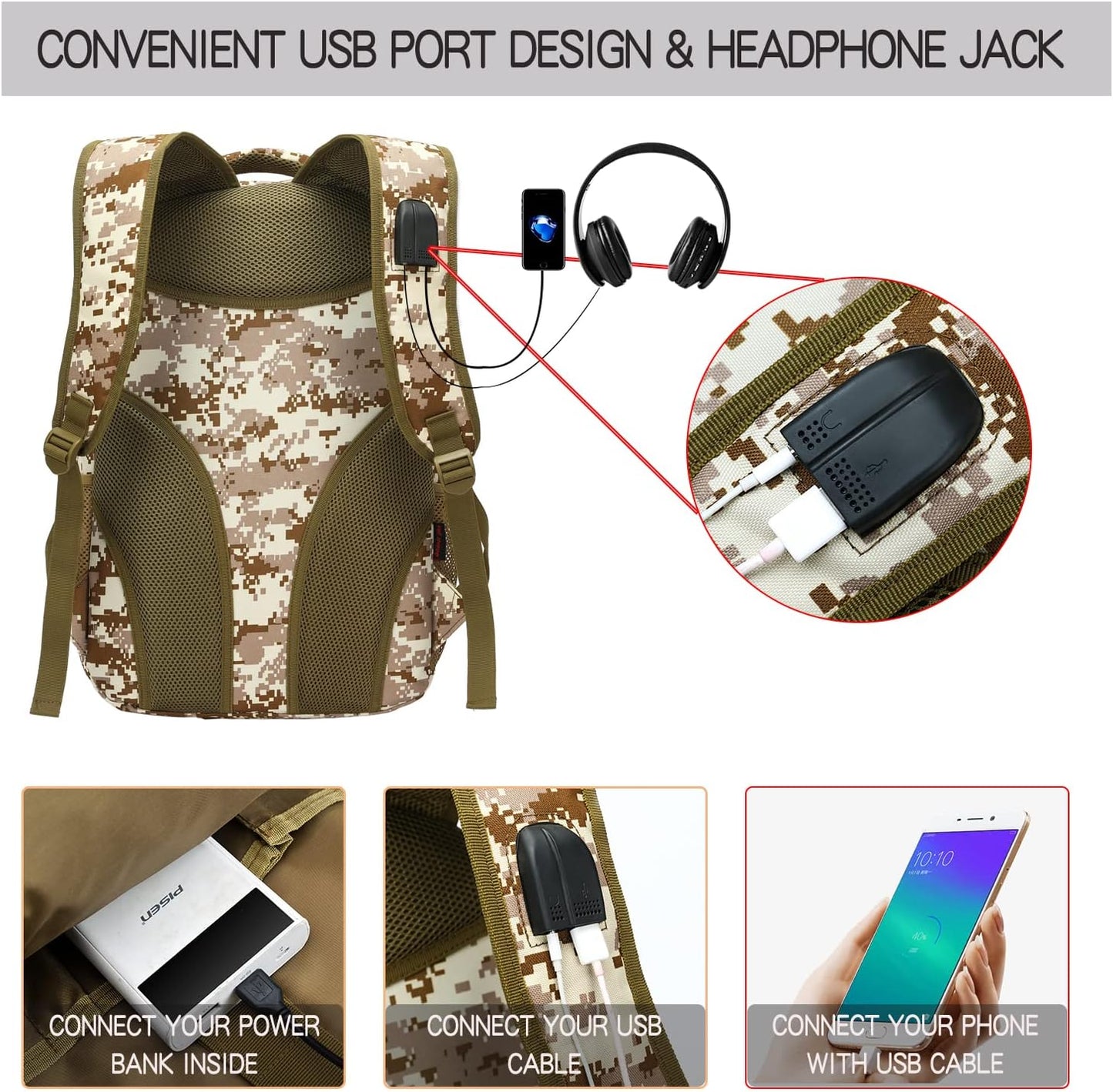 outdoor plus Camo Backpack,Military Boys Backpacks for School,40L Army Bookbag with USB Charging Port Waterproof