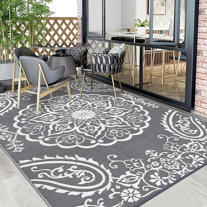 Pauwer Waterproof Outdoor Rug 8x10, Reversible Plastic Straw Patio Camping Rug, Indoor Outdoor RV Mat Carpet for Deck, Camper, Porch, Balcony, Backyard, Picnic, Boho Grey