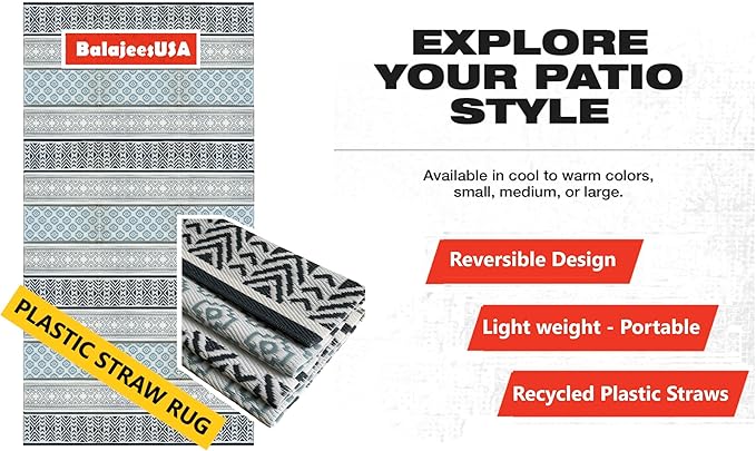 BalajeesUSA Outdoor Rug - 9x18 Grey, Teal, Reversible Recycled Plastic Straw Outdoor Patio Rugs Clearance Waterproof Large RV Camper Mats 7087