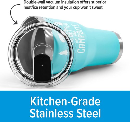 Camco Life is Better at The Campsite Tumbler | Heavy Duty Double Wall Vacuum Insulation | Crafted of 18/8 Stainless Steel | Unique “Life is Better at The Campsite” Design on Coral Pink | 20-oz (53061)