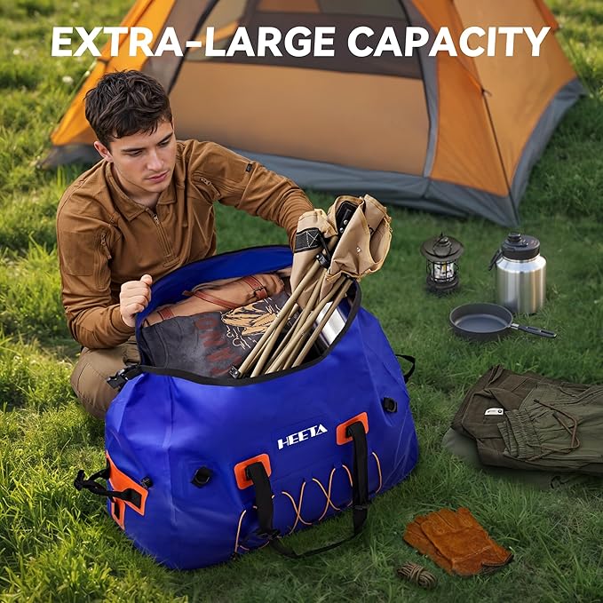 HEETA Waterproof Duffel Bag Motorcycle Dry Bag Backpack, Extra Large Rolltop Travel Duffle Bags with Straps & Handles for Kayaking Rafting Boating Canoeing Camping Gym Beach (Blue, 60L)