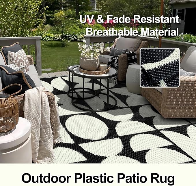 Wonnitar Outdoor Rug 5x8 Waterproof Reversible Plastic Straw Rug for Patio Clearance, Outside Area Rug RV Rug for Camping, Indoor Outdoor Geometric Mat for Deck Balcony Porch (Black & White,5'x8')