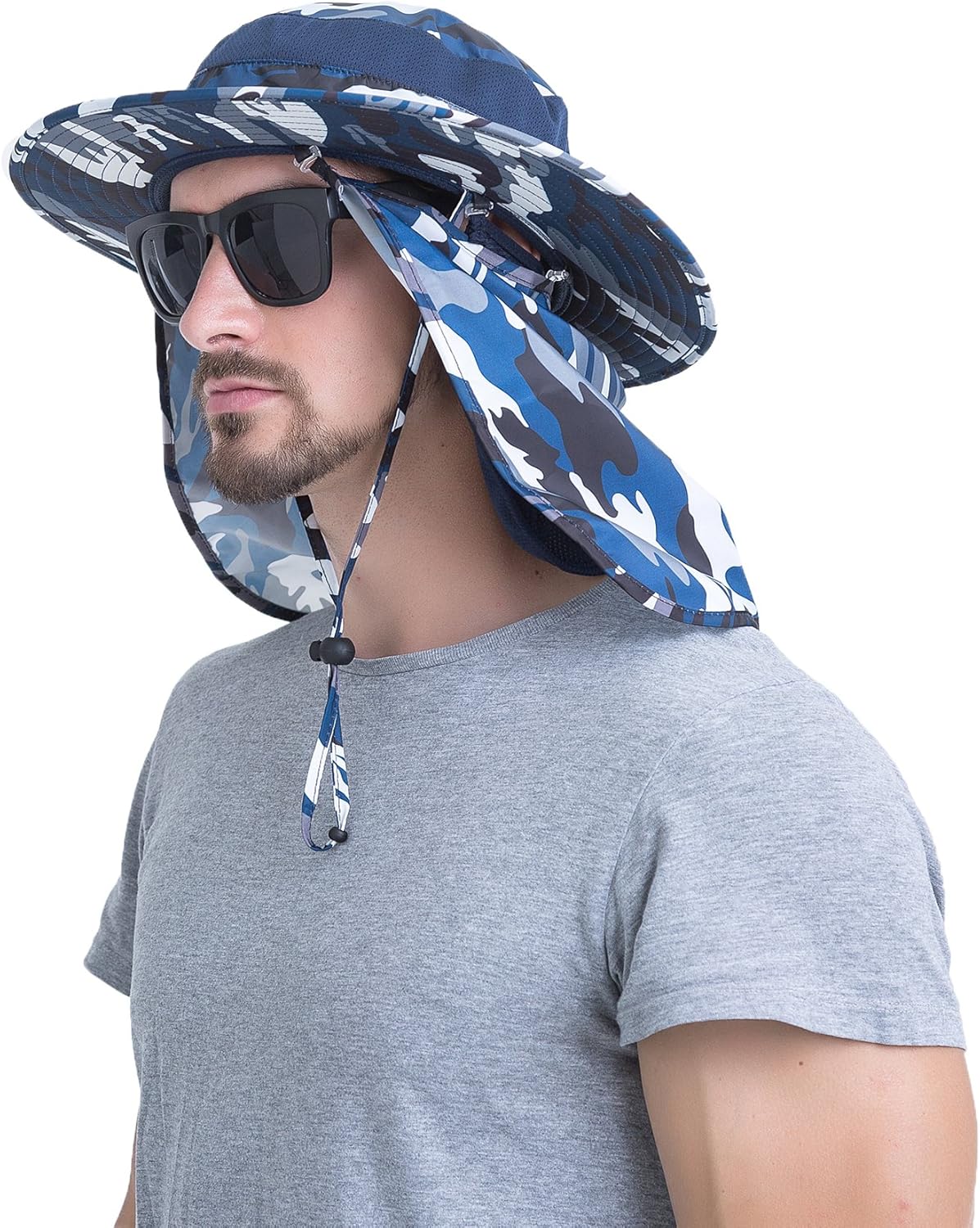 YR.Lover Outdoor UV Sun Protection Wide Brim Fishing Cap with Removable Flap