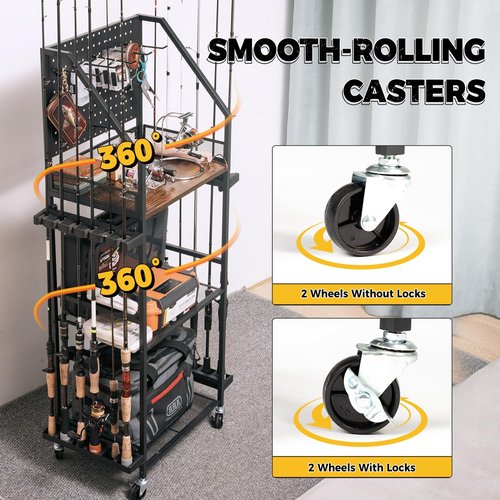 SOYEEZE Fishing Rod Holders for Garage, 3-Tire Fishing Pole Rack with Pegboard and Hooks, Fishing Gear Tackle Box Organizer Up to 12 Rods, Rolling Fishing Storage Cart with Lockable Wheels