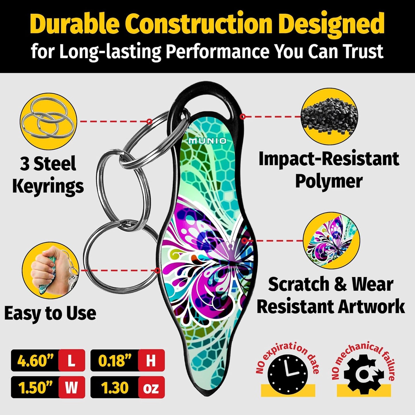 Self Defense Keychain for Women & Men – Lightweight TSA Approved Kubotan Tool – Stylish Butterfly Glass Design
