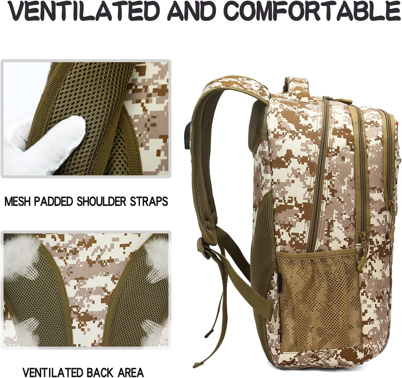 outdoor plus Camo Backpack,Military Boys Backpacks for School,40L Army Bookbag with USB Charging Port Waterproof