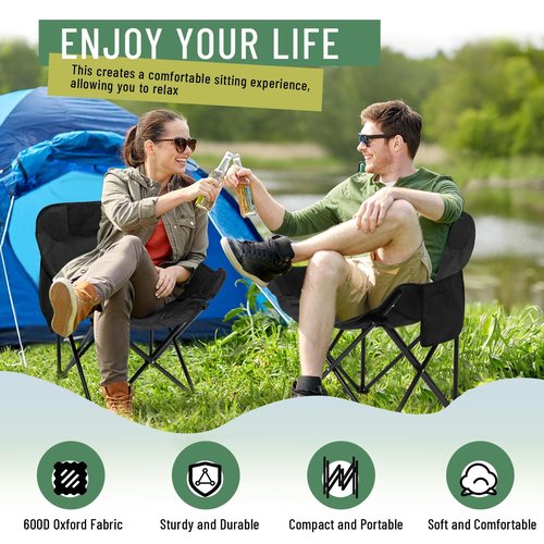Seeloowy 2 Pack Compact Camping Chairs Portable Folding for Outside with Carry Bag Lightweight Moon Chairs for Travel Picnic Hiking Beach Fishing, 600D Oxford, Supports 330lbs(Black)
