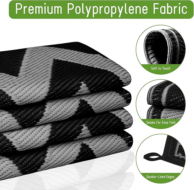 Easy-Going Reversible Outdoor Rugs 6x9ft Waterproof Plastic Straw Rug Stain & UV Resistant Floor Mat for Patio Porch RV Backyard Pool Deck Picnic Beach Trailer Camping (Waved Black & Light Grey)