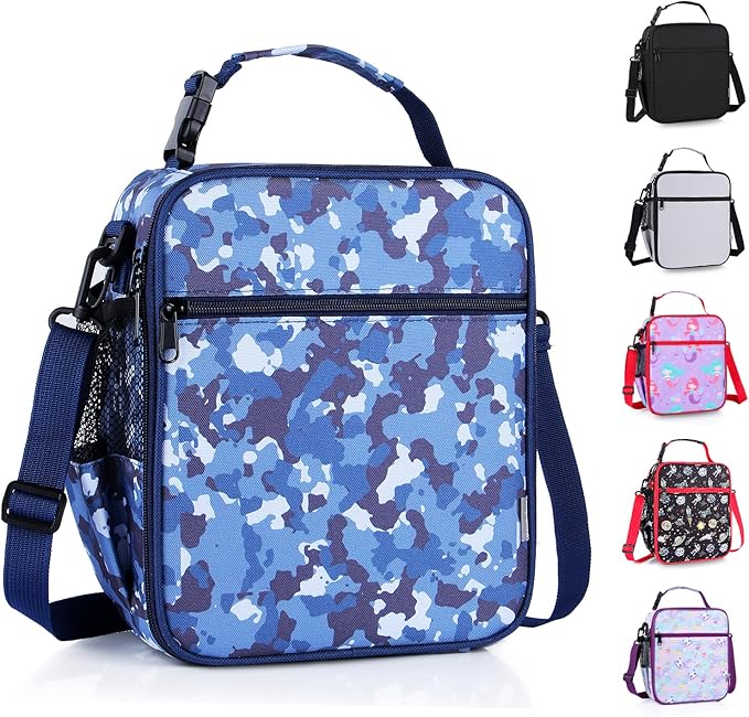 Kids Insulated Lunch Box Bag, Thermal Picnic Cool Bags with Adjustable Strap for Adults Children Women Men Boys Girls School Work (CAM-Blue)