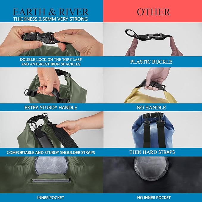 EARTH&RIVER Premium Dry Bag Backpack, Extra Thick, Protection for All Water Activities & Camping, Floating Lightweight Dry Bag with Inside Pocket Storage & IPX8 Waterproof Phone Case (Army Green, 40L)
