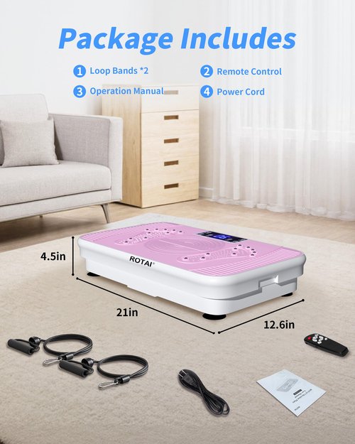 ROTAI Vibration Plate, Lymphatic Drainage Massager for Circulation Boost & Recovery, Vibration Plate Exercise Machine with Remote & Loop Bands, Compact Home Fitness Platform for Shaping (Pink)