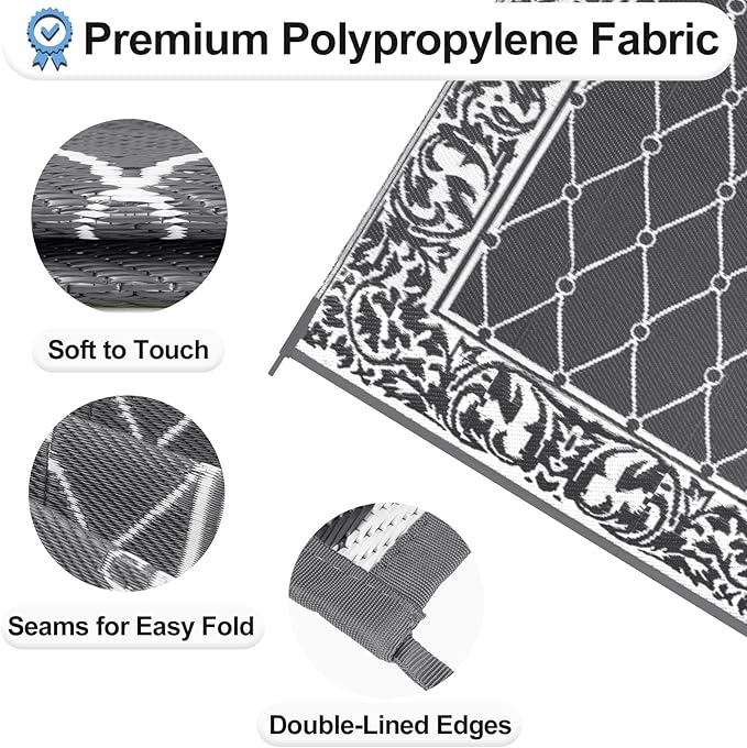 OutdoorLines Indoor Outdoor Rugs for Patio 9x12 ft - Reversible Outside Carpet, Stain & UV Resistant Portable RV Mats, Plastic Straw Rug for Camping, Pool Deck, Porch Rhombus Gray & White
