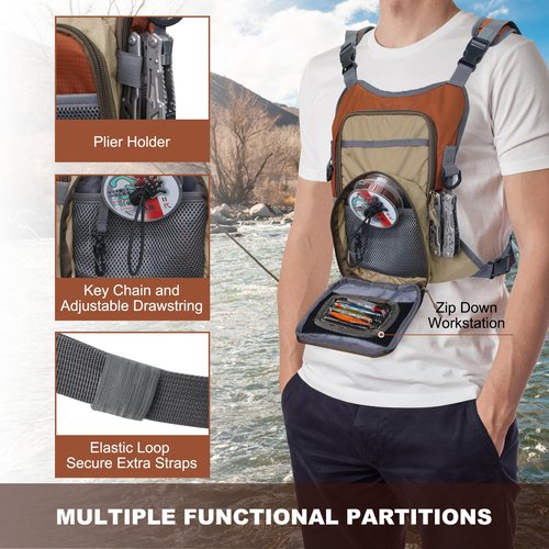 JLDTOP Fly Fishing Chest Pack, Lightweight Fishing Backpack, Fishing Tackle Storage Fits Up to Hold Fly Boxes, Fishing Accessories for Men(Orange + Gray)