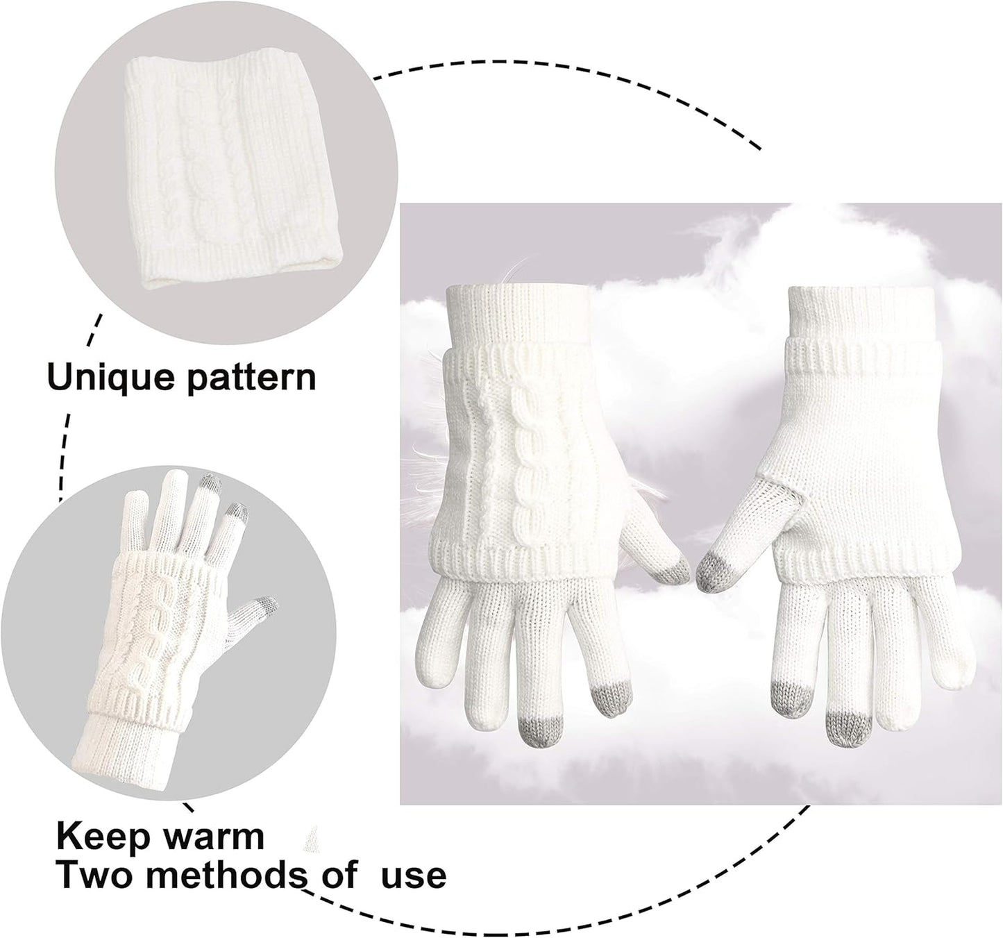 Winter Hat Gloves Scarf Set for Women, Cable Knit Beanie Pom Cap Touch Screen Glove Long Scarf 3PCS Winter Gift for Women Men