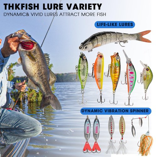 THKFISH Fishing Lures Kit, Bass Fishing Gear Kit for Freshwater Saltwater Tackle Box with Tackle Included Topwater Baits, Spinner bait, Frog, Hooks/Weights Accessories Gift for Adults