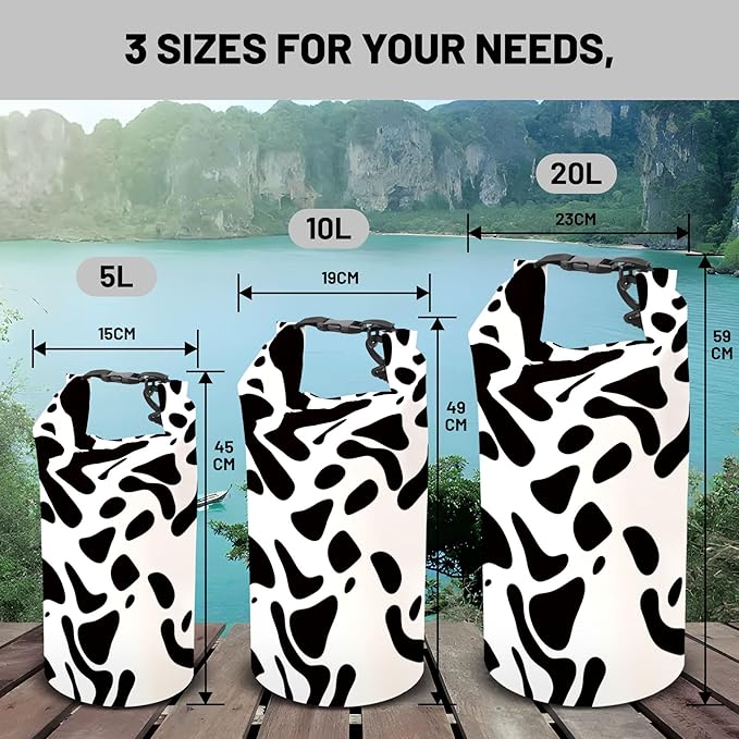 Waterproof Dry Bag,Roll Top Cow Print Black and White Waterproof Backpack 5L/10L/20L Floating and Lightweight Bags for Kayaking, Boating, Fishing, Swimming and Camping with Waterproof Phone Case
