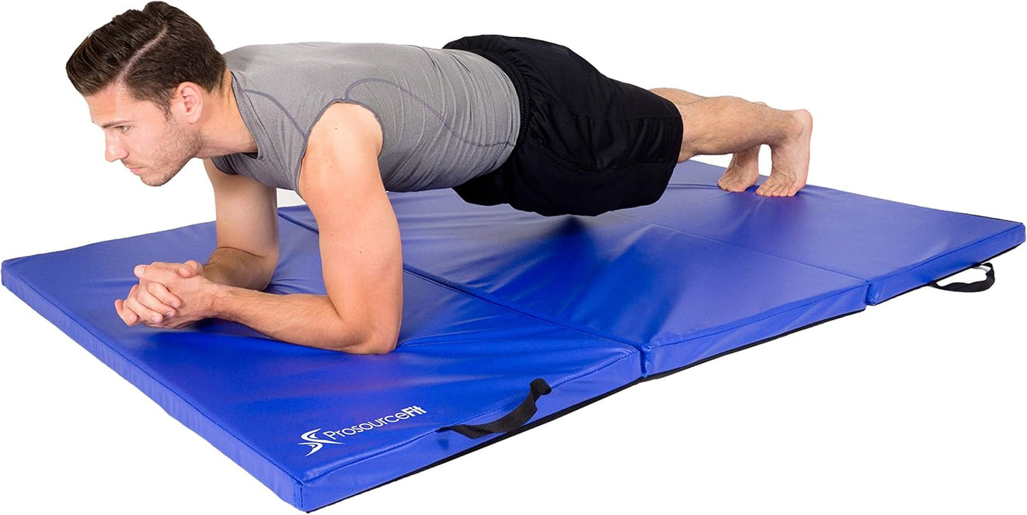 ProsourceFit Tri-Fold Folding Thick Exercise Mat 6’x4’ with Carrying Handles for Tumbling, Martial Arts, Gymnastics, Stretching, Core Workouts, Blue