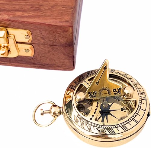 Marine Sundial Compass with Antique Nautical Solid Pocket Compass in Box Vintage Polish with Brass Finish Navigate Device Collection