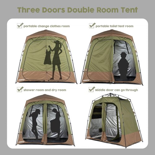 Portable Camping Shower Tent Deluxe Changing Room Easy Set Up Privacy Shelter,Large Toilet Tent 2 Rooms with Floor Drain Design for Beach, Camping,Hiking with Stakes and Ropes for Stability
