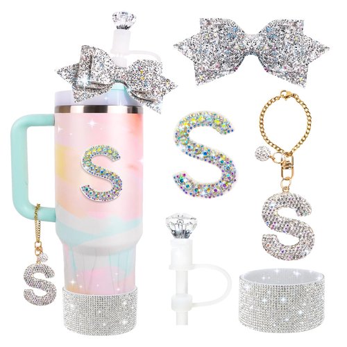 Lingdeer Water Bottle Accessories Set for Stanley Cup 30Oz 40Oz, Bling Letter Charms, Diamond Straw Cover, Glitter Silicone Boot, Personalized Sticker, Bow Straw Topper for Stanley Cup Accessories (S)