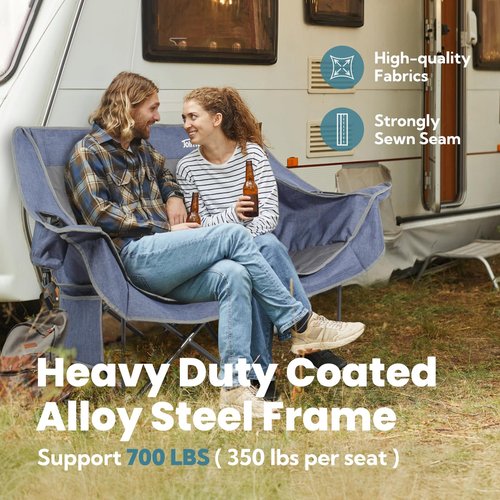 Join Nature 700lbs Capacity Double Camping Chair for 2 Adults - Low-Profile Outdoor Loveseat with XL Cup Holders & Storage Pockets, Heavy Duty Folding Couch for Camping, Lawn, Backyard (Navy Blue)