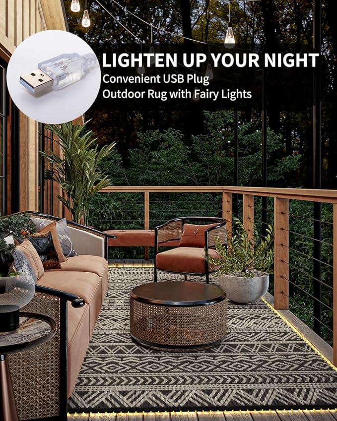 MontVoo-Outdoor Rug Carpet 9x12 ft for Patio RV Camping with Led Strip Lights Waterproof Plastic Straw Rug Reversible Portable Outside Indoor Outdoor Rug Mat for Patio Decor Balcony Picnic-Boho Rug