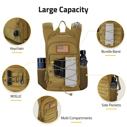 CVLIFE 3L Hydration Backpack Lightweight, 900D Heavy Duty Water Backpack for Hiking, Tactical Hydration Pack Backpack, Molle Day-Pack with TPU Water Bladder for Hiking, Running, Cycling, Camping, Tan