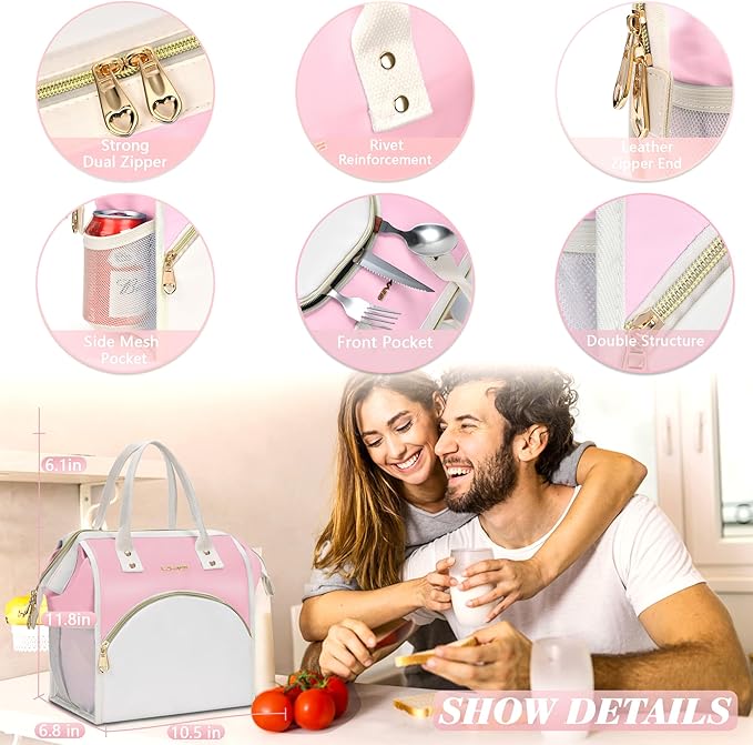 LOKASS Lunch Bag Women Insulated Lunch Box, Wide-Open Lunch Tote Bag Leak-proof Cooler Bag for Work Picnic-（Light Pink）