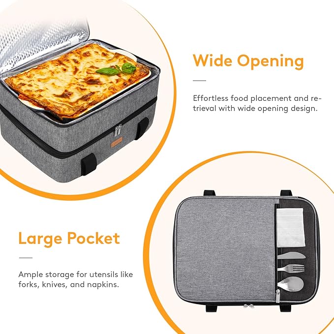 Double Decker Insulated Casserole Carrier for Hot or Cold Food, Lasagna Holder Tote for Potluck Parties/Picnic/Cookouts, Fits 9"x13" Baking Dish, Grey